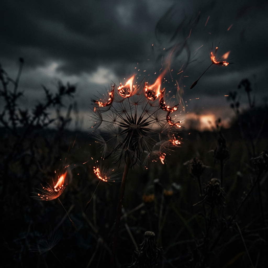 Dandelion seeds on fire with glowing embers at dusk